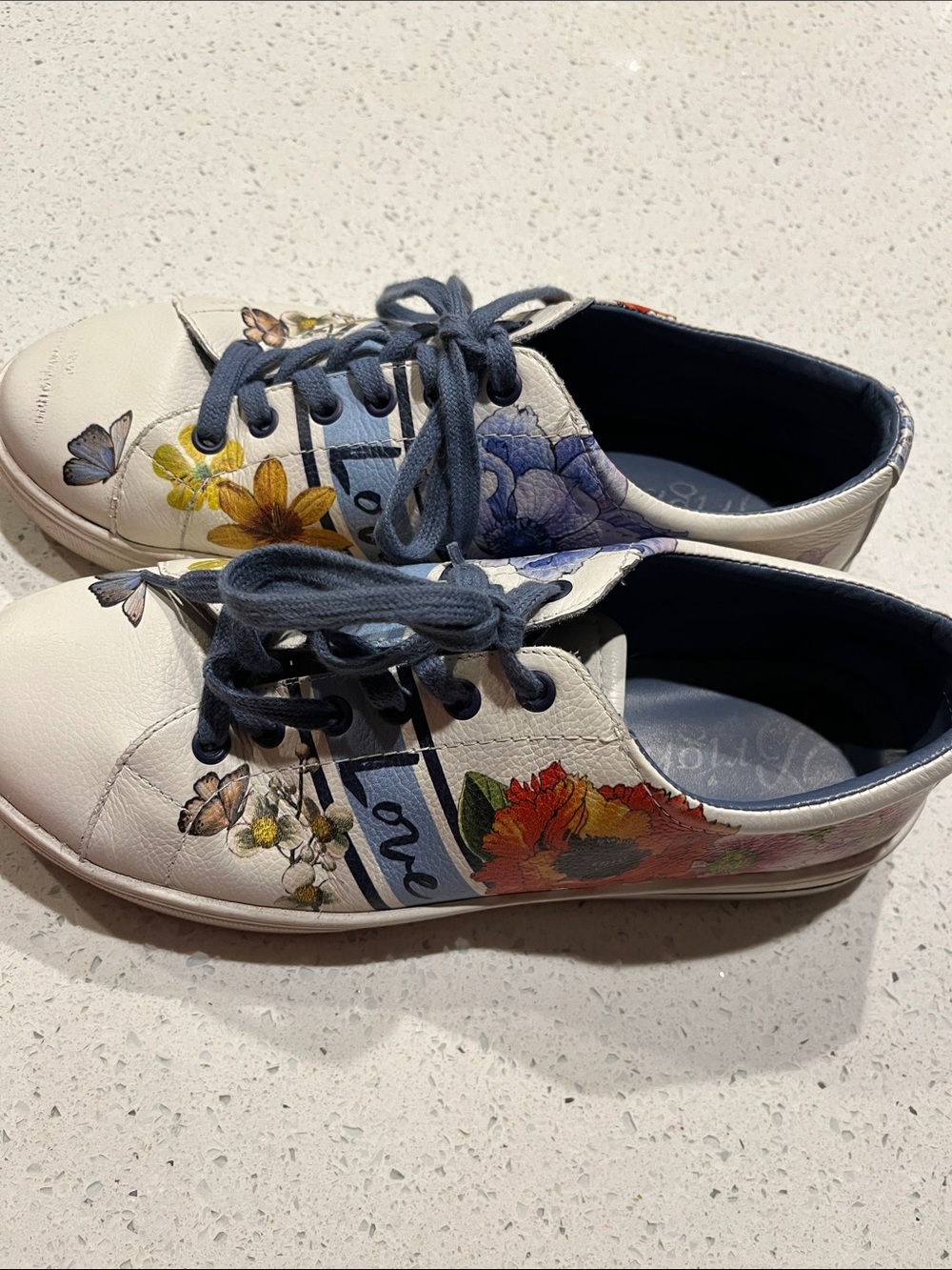 Brighton White Floral Sneakers with Blue Laces and Multicolor Blooms